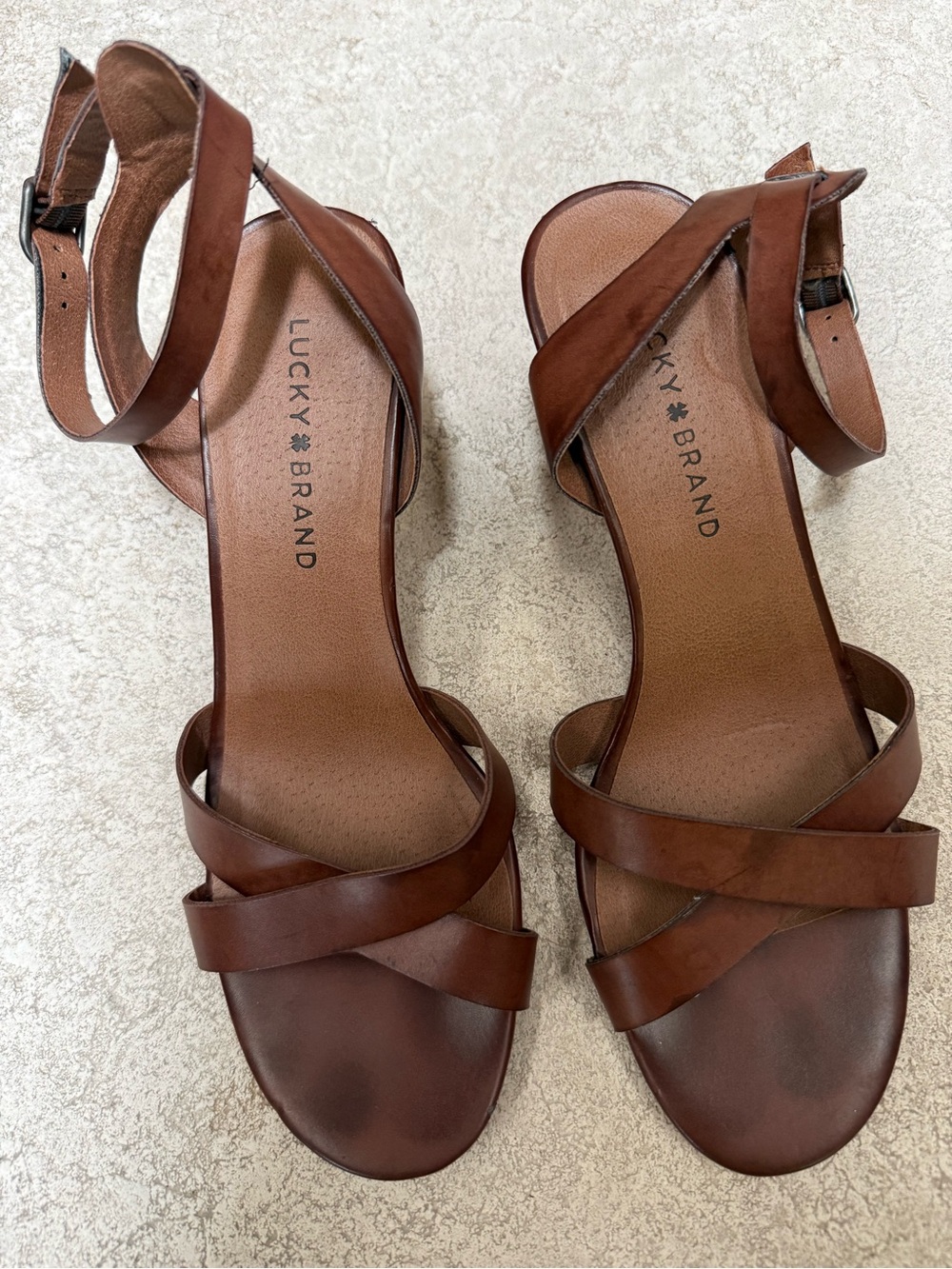 Lucky Brand Brown Leather Crisscross Block Heel Sandals